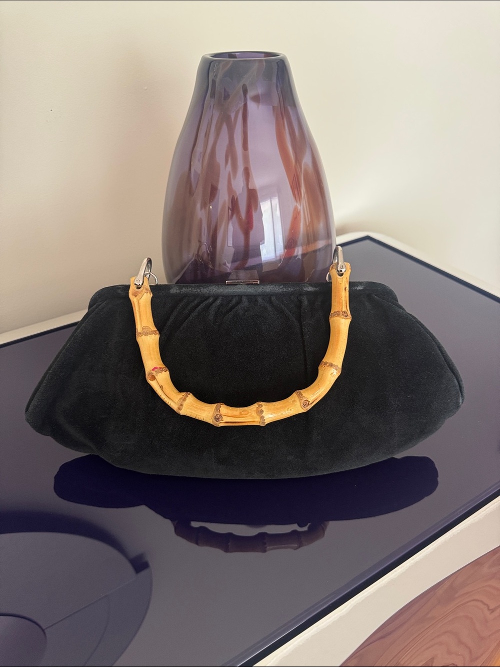 Vintage Banana Republic Black Suede Clutch with Bamboo Handle